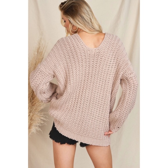 SOLD OUT Mink Chunky Knit Oversized Deep V Drop Shoulder Knit Casual Sweater - Picture 9 of 9